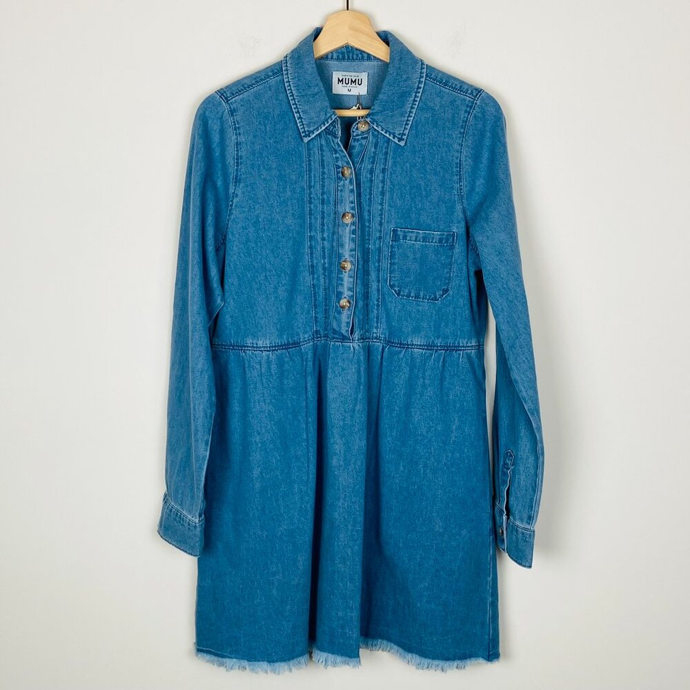 New Show Me Your Mumu Louisiana Denim Blue Dress Pockets 100% Cotton, Size M - Picture 3 of 13